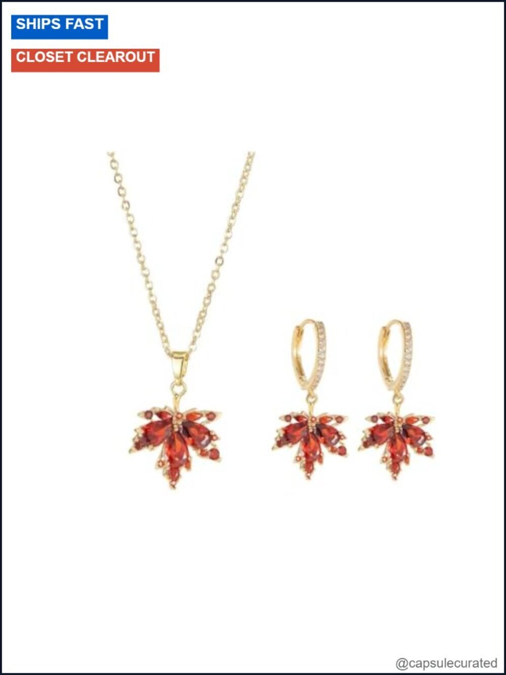 Dainty Maple Leaf Necklace & Hoop Earrings Crystal Jewelry Set